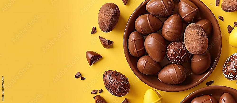 Poster Flat lay arrangement of chocolate Easter eggs and sweets on a yellow backdrop with a view from above featuring a vacant area for text alongside copy space image