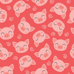 Obraz premium cartoon cute smiling pig seamless pattern with red background