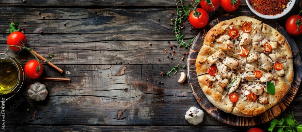 Poster top view of a delicious focaccia with chicken spices and tomatoes on a dark rustic wooden table with