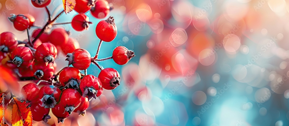 Fototapete Close up of a hawthorn branch with large red fruits set against a blue autumn sky creating a vivid nature background for use as a fresh wallpaper with a selective focus on the copy space image