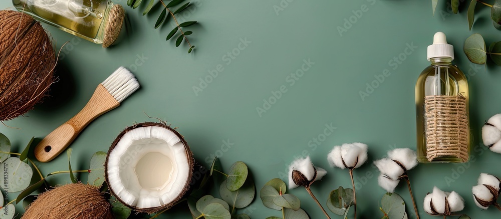 Poster a collection of eco friendly items like coconuts a glass bottle of natural oil a brush and cotton ar