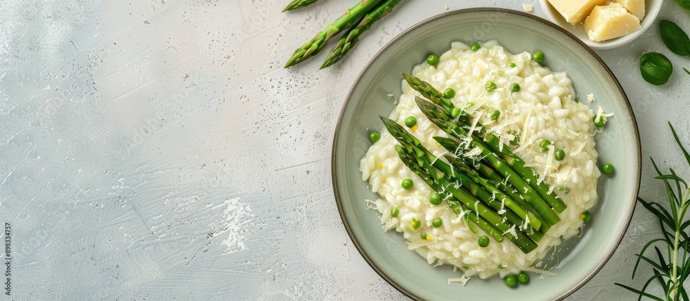 Poster Top down view of Italian risotto with fresh spring asparagus and parmesan cheese served on a plate against a bright background providing space for additional elements in the image