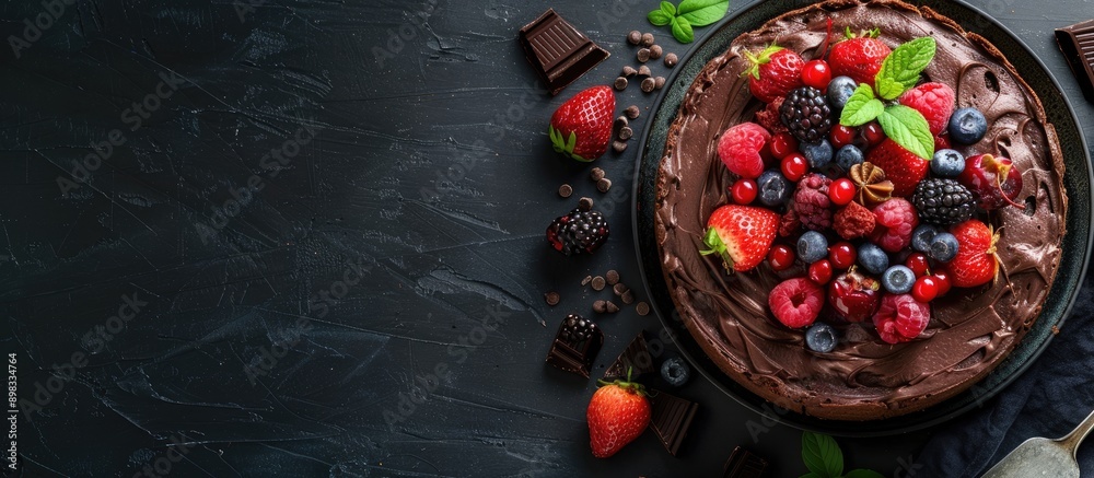 Aufkleber chocolate and fruit cake with low calorie ingredients featured in a copy space image