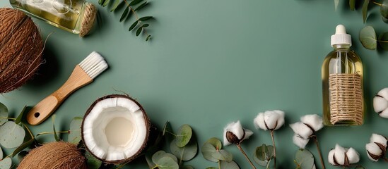 A collection of eco friendly items like coconuts a glass bottle of natural oil a brush and cotton arranged neatly against a green backdrop emphasizing zero waste with a message area for the image
