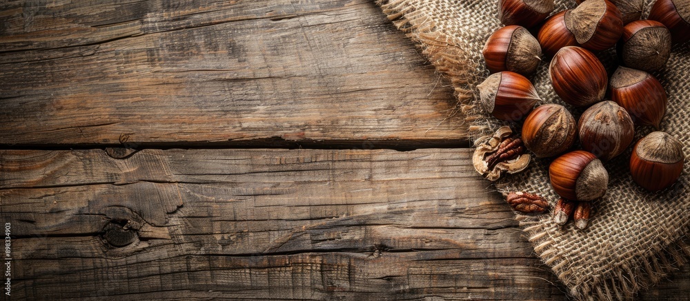 Aufkleber Chestnuts displayed on a rustic wooden table with a burlap napkin presenting a quaint setting for a copy space image