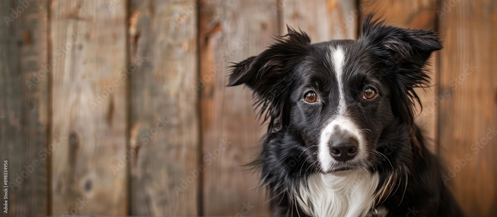 Poster border collie dog looking at the camera against a wooden background with ample copy space image