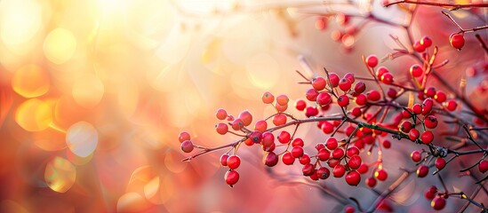 Close up image featuring red berries on barberry branches against a stunning autumn backdrop with room for text highlighting an environmental concept. Creative banner. Copyspace image