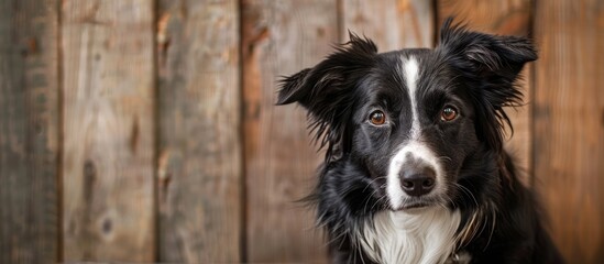 Border collie dog looking at the camera against a wooden background with ample copy space image