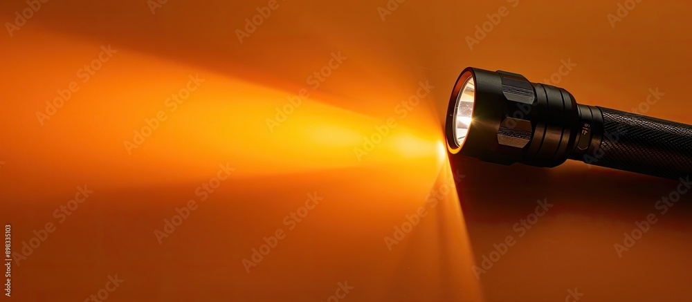 Poster A black flashlight on an orange background with light shining on the way leaving room for text or images. Creative banner. Copyspace image