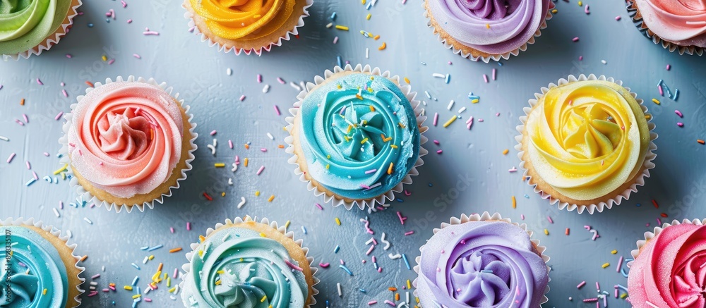 Poster colorful cupcakes adorned with sugar paste and cream are displayed as artistic creations at a party 