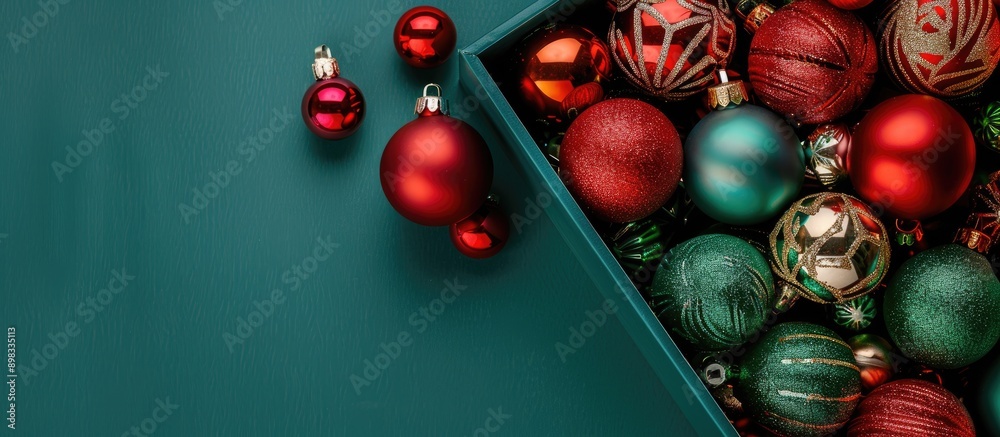 Poster arranging a box with vibrant christmas decorations and a copy space image