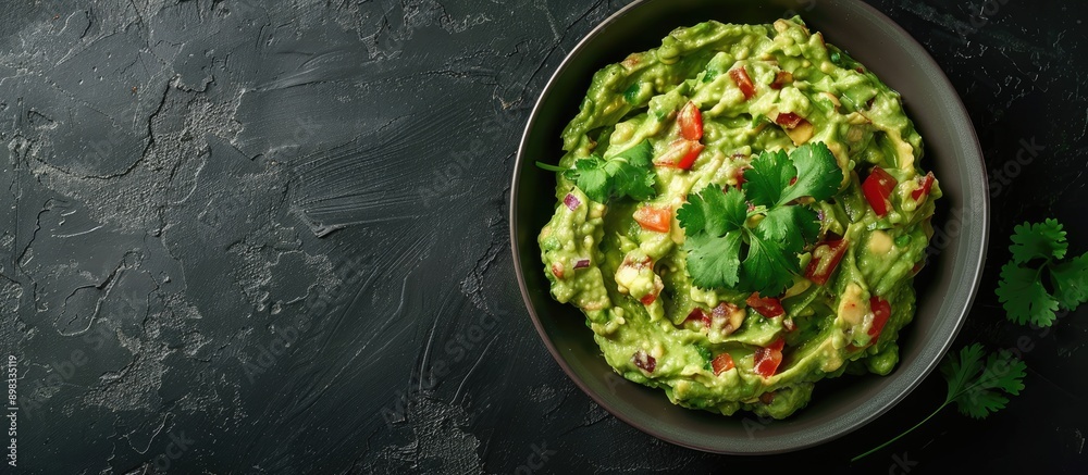 Poster Avocado guacamole in a grey bowl set against a dark backdrop featuring a top view for a copy space image