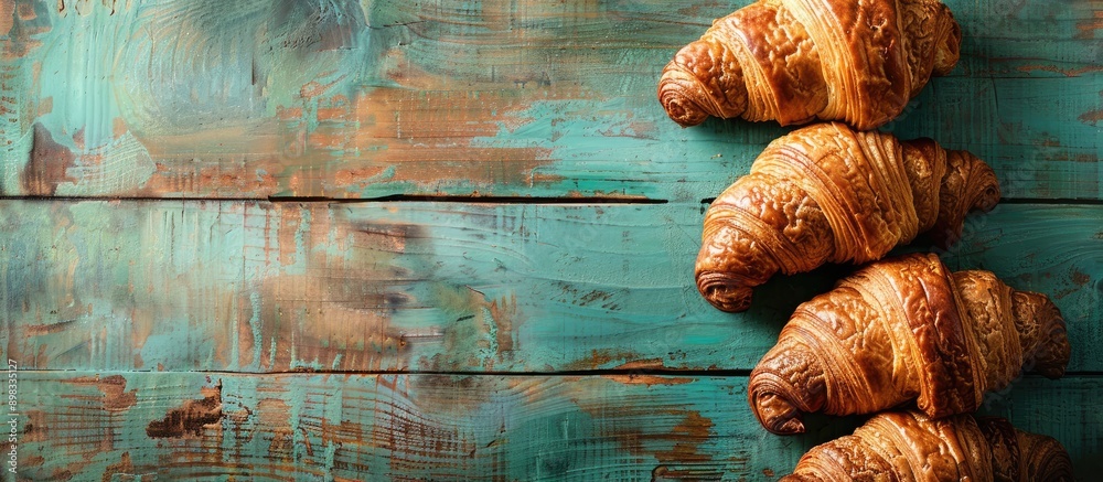 Aufkleber close up of delectable croissants on a green wooden backdrop with ample copy space image