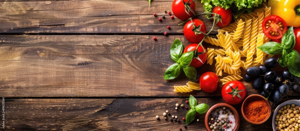 Poster Cooking essentials like pasta tomatoes salad and spices displayed on a wooden table with a copy space image