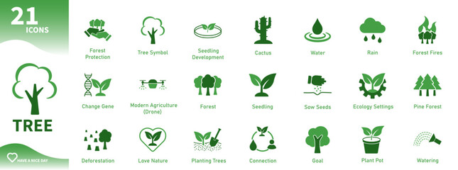 Tree Icons. Set of nature, plants, ecology, green, agriculture, forest, environment, water icons. Solid vector icons.