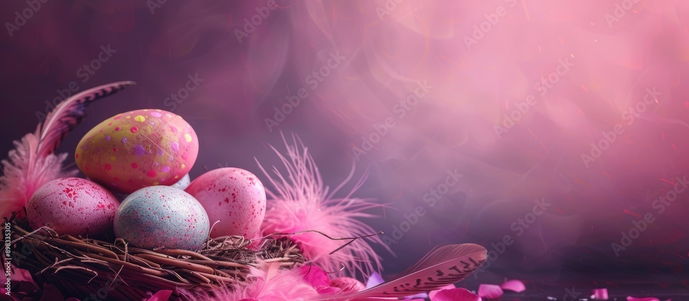Fototapete Celebrate Easter with assorted eggs in a box and basket on a dark pink backdrop with feathers perfect for a panoramic banner with copy space image