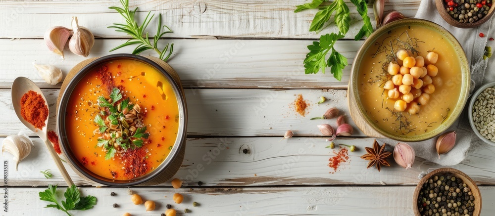 Poster A delicious chickpea soup arranged on a white wooden table with spices creating a visually appealing copy space image