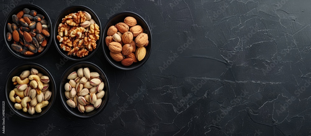 Fototapete A black table displaying four bowls filled with various nuts like cashews almonds walnuts and pistachios offering a top view with a blank area for additional content a copy space image