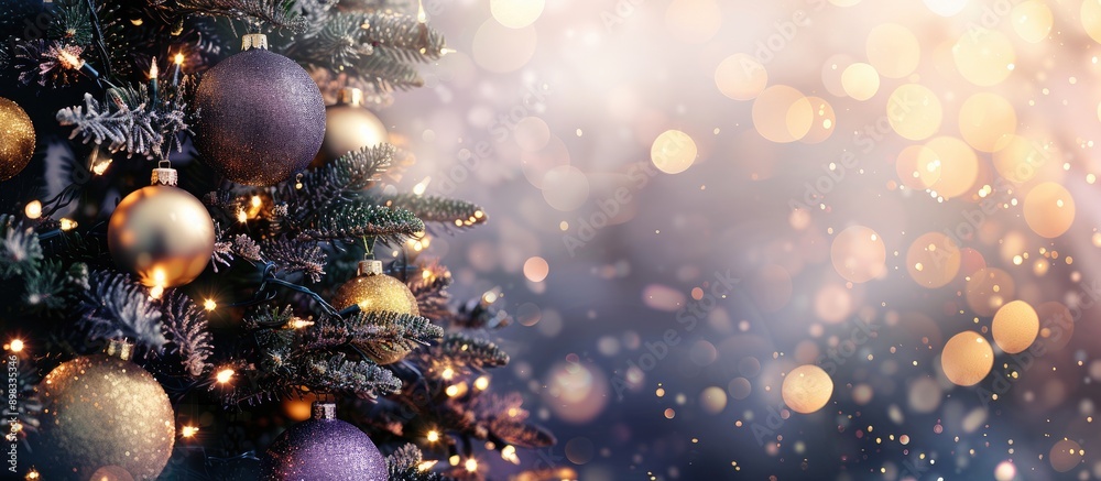 Poster christmas tree adorned with gold and purple ornaments against a background with bokeh lights providi