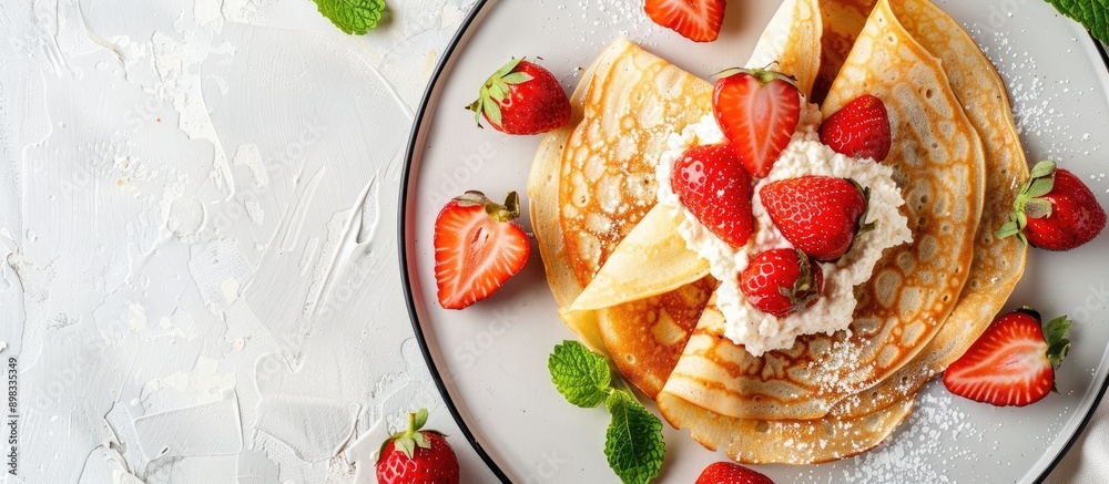 Poster top view of delicious crepes garnished with ricotta cheese and fresh strawberries showcased on a whi