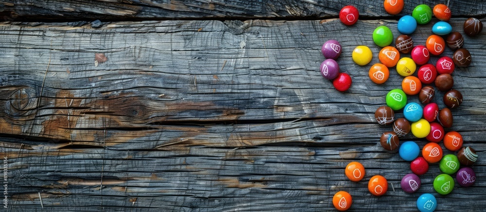 Poster colorful candies are placed on a weathered wooden surface next to a blank space for text or image in