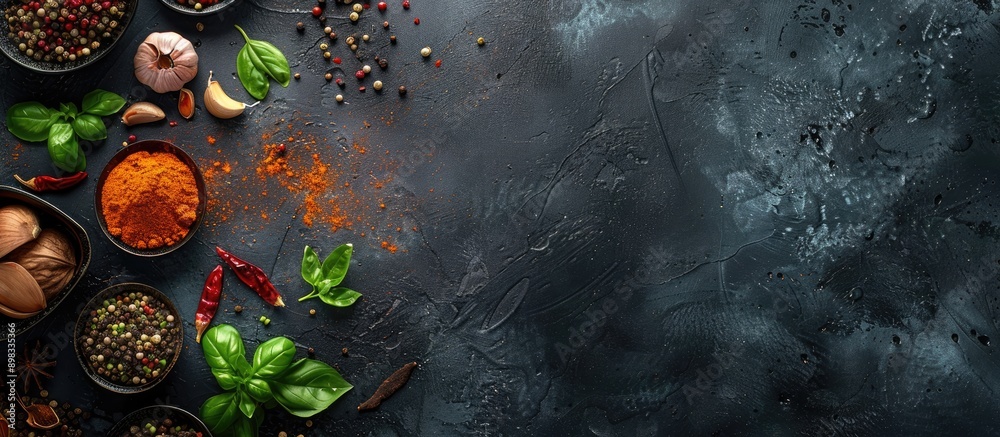 Poster copy space image displaying eastern cuisine spices arranged in a flat lay concept for cooking