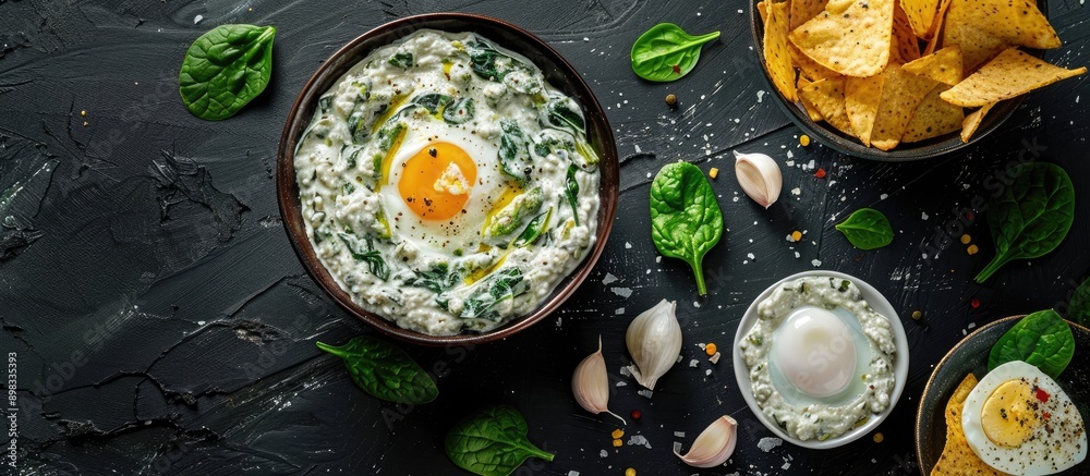 Aufkleber A delicious spinach dip with eggs in a bowl garlic and nacho chips on a black table in a flat lay arrangement featuring ample room for text in the image