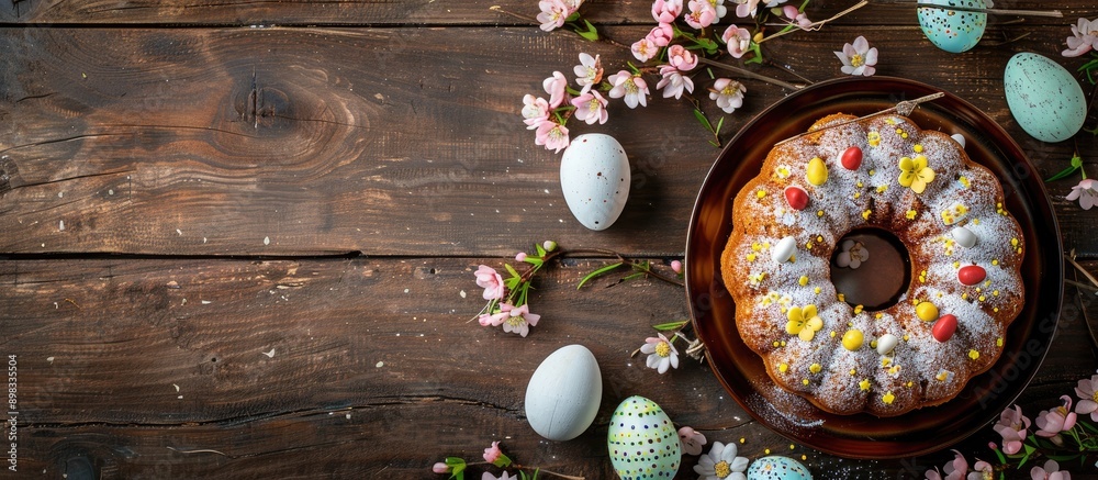 Aufkleber a delightful easter treat with cake eggs and a rustic backdrop perfect for the holidays top view ima