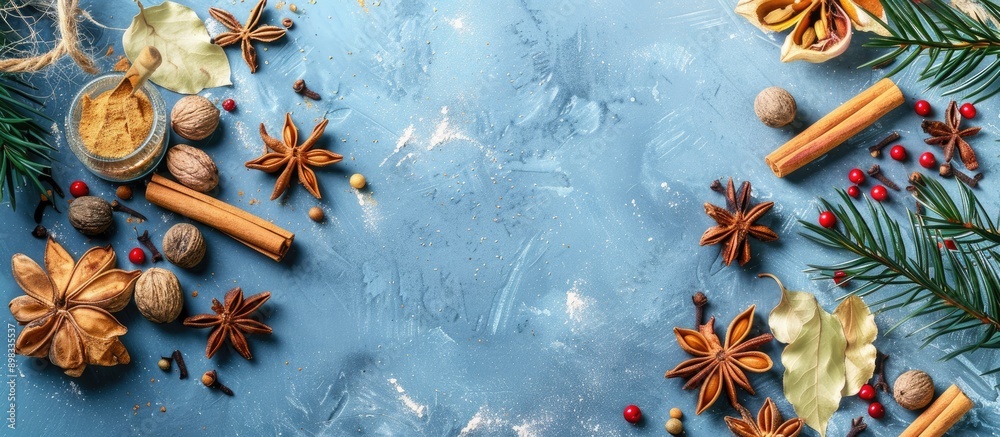Poster view from above of christmas spices on a blue background with copy space image available