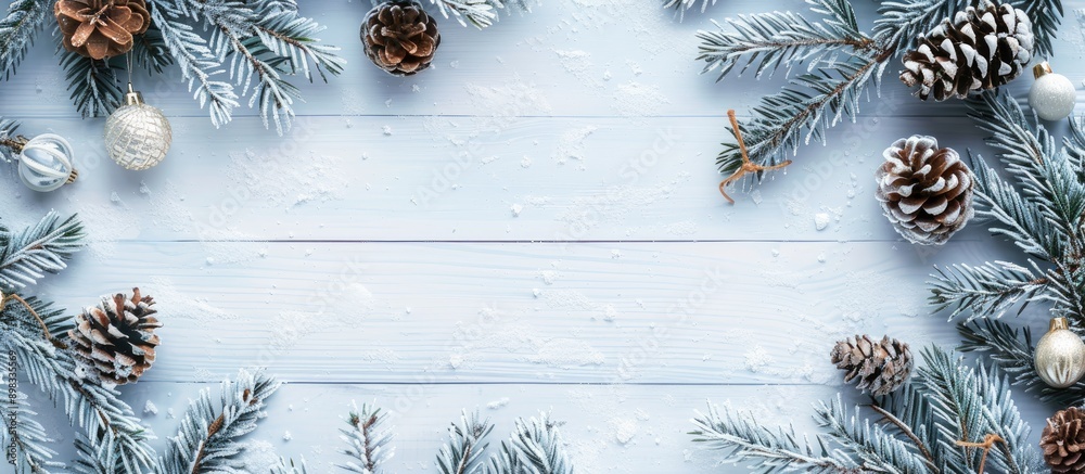 Poster christmas themed background featuring snow fir branches cones against a white wooden backdrop with c