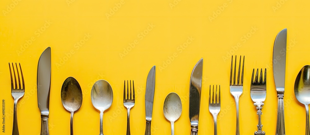 Poster Children s cutlery neatly arranged on a yellow backdrop with a clean and appealing copy space image