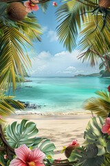 Tropical Beach View with a frame made of palm fronds, coconuts, and hibiscus flowers. The center opens to a pristine white sandy beach with crystal-clear turquoise waters