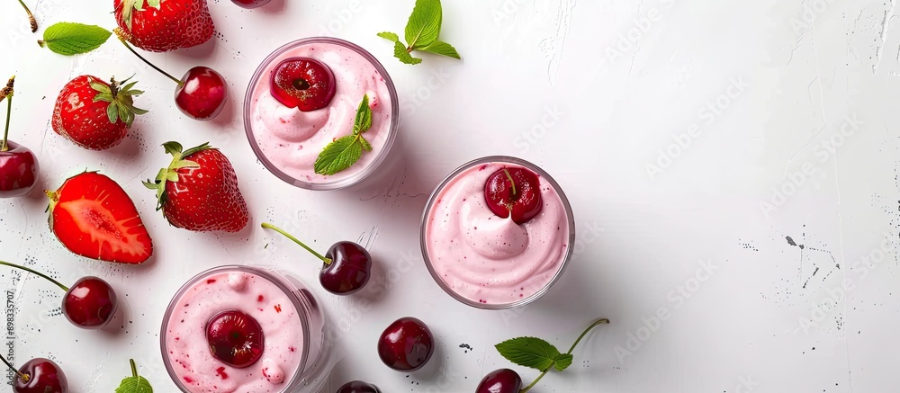 Aufkleber top view of delectable desserts featuring strawberries and cherry smoothies curd yogurt on a white b