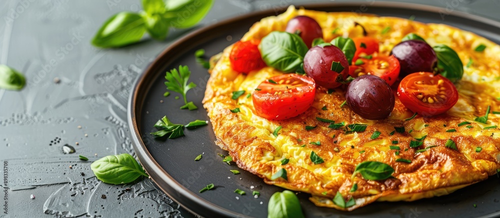 Poster delicious breakfast featuring an omelet garnished with tomato and grape on a plate with a generous a