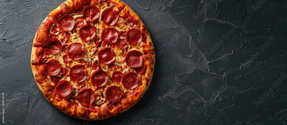 Poster delicious pepperoni pizza with fresh ingredients displayed on a black concrete backdrop top view sho