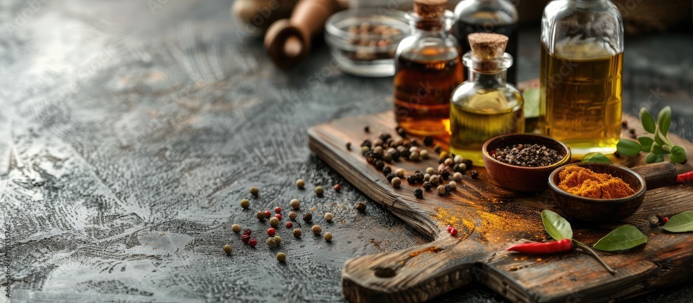 Poster aromatic spices and oils displayed on the kitchen table with copy space image