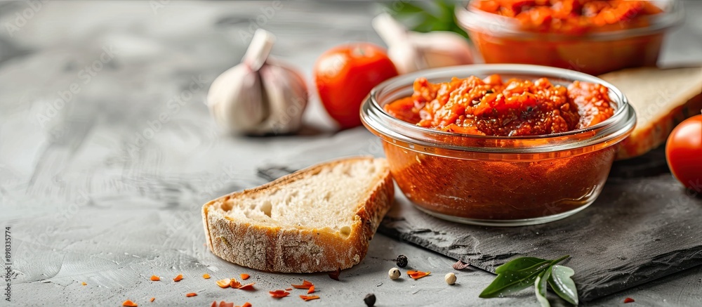 Poster Ajvar in a transparent glass bowl with a spread on a slice of bread displayed invitingly for a photo with copy space image