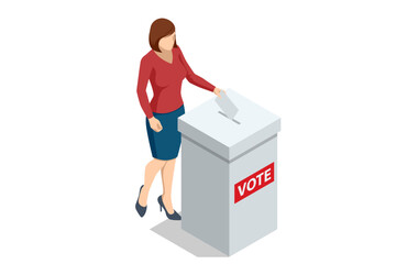 2024 United States of America Presidential Election banner. A young woman, a citizen of the United States, is casting her vote by placing a paper into a ballot box at a polling station.