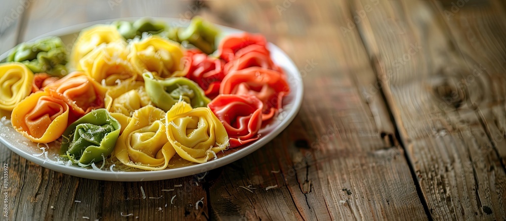 Poster Close up of colorful tortellini with melting butter arranged on a white plate on a wooden table topped with parmesan creating an appetizing copy space image
