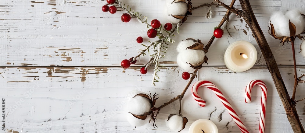 Poster close up top view of a festive arrangement featuring a cotton branch candles and a candy cane on a w