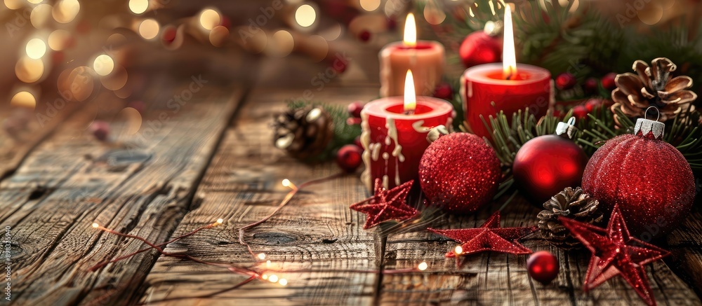 Poster christmas greeting card featuring red ornaments and candles on a wooden surface with space for addin