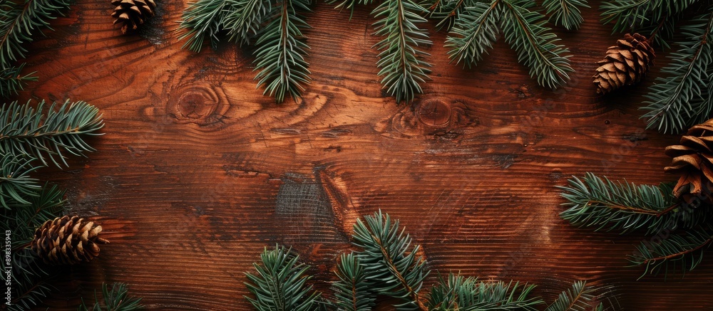 Poster coniferous spruce and pine fur branches on a brown wooden backdrop create a rustic atmosphere with c