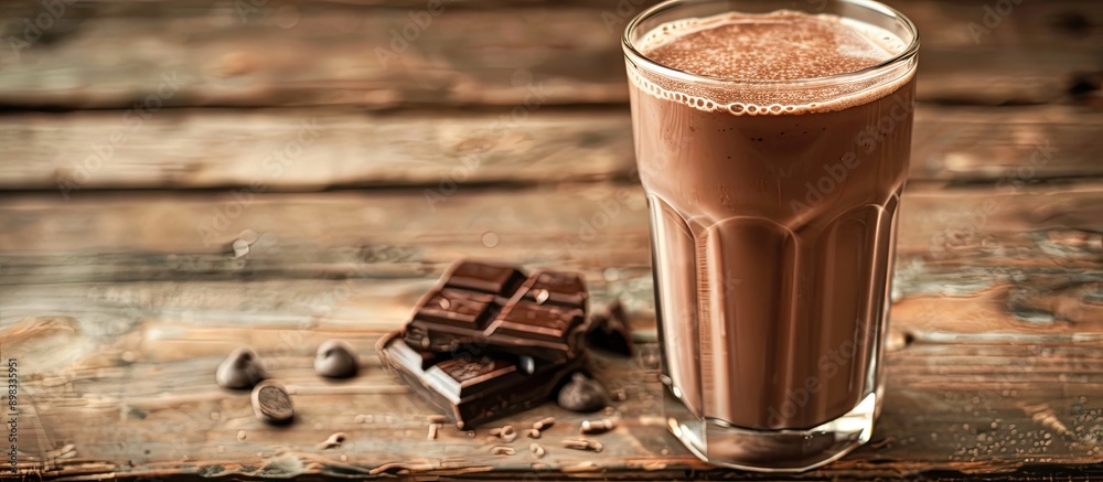 Poster chocolate milk in a glass on a wooden table with a copy space image suitable for text refreshing dai