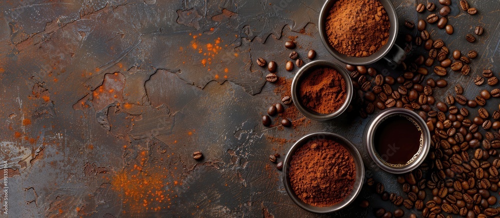 Aufkleber top view of a coffee cup beans and ground powder on a stone background with copy space image