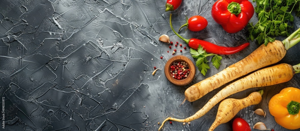 Poster Dark grey table with delicious baked parsnip and bell pepper on parchment suitable for copy space image