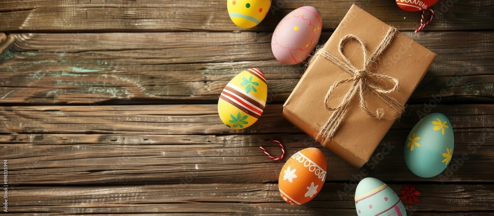 Aufkleber colorful easter eggs and a gift box displayed on a wooden background with ample copy space image