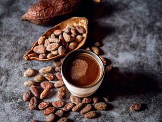 Natural craft cocoa drink, organic healthy chocolate drink with brown cocoa beans and dry cacao pod.Top view,above