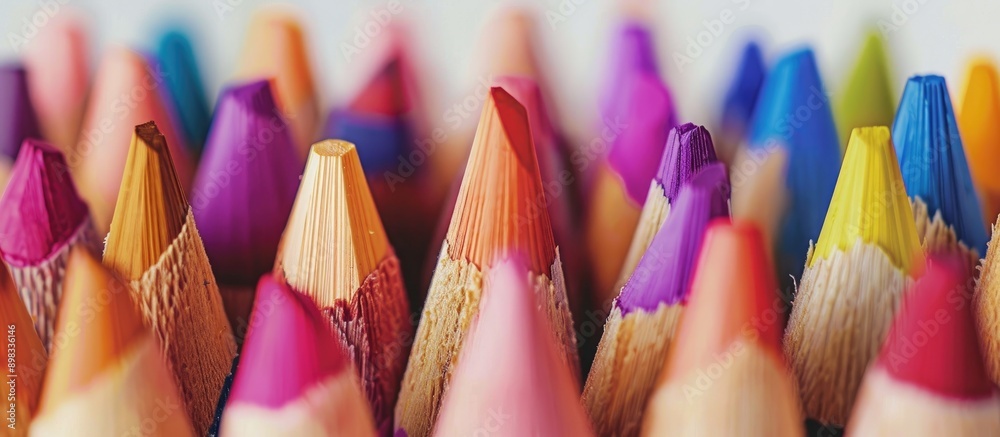 Poster color pencils stand out on a white backdrop detailed in a close up shot with a very limited focus se