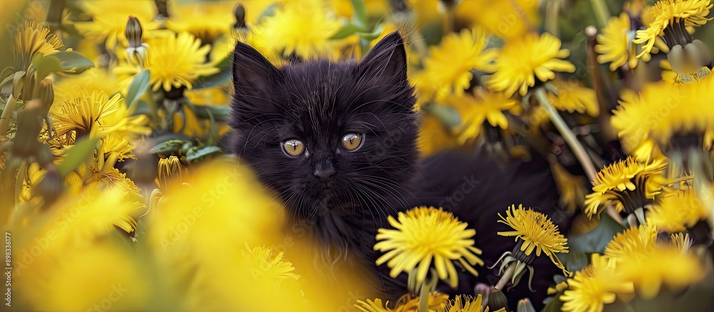 Poster a black kitten with fluffy fur is concealed amidst vivid yellow dandelions in a horizontal banner st