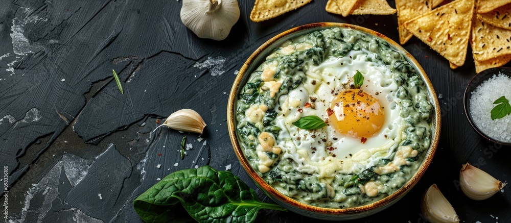 Aufkleber A delicious spinach dip with eggs in a bowl garlic and nacho chips on a black table in a flat lay arrangement featuring ample room for text in the image